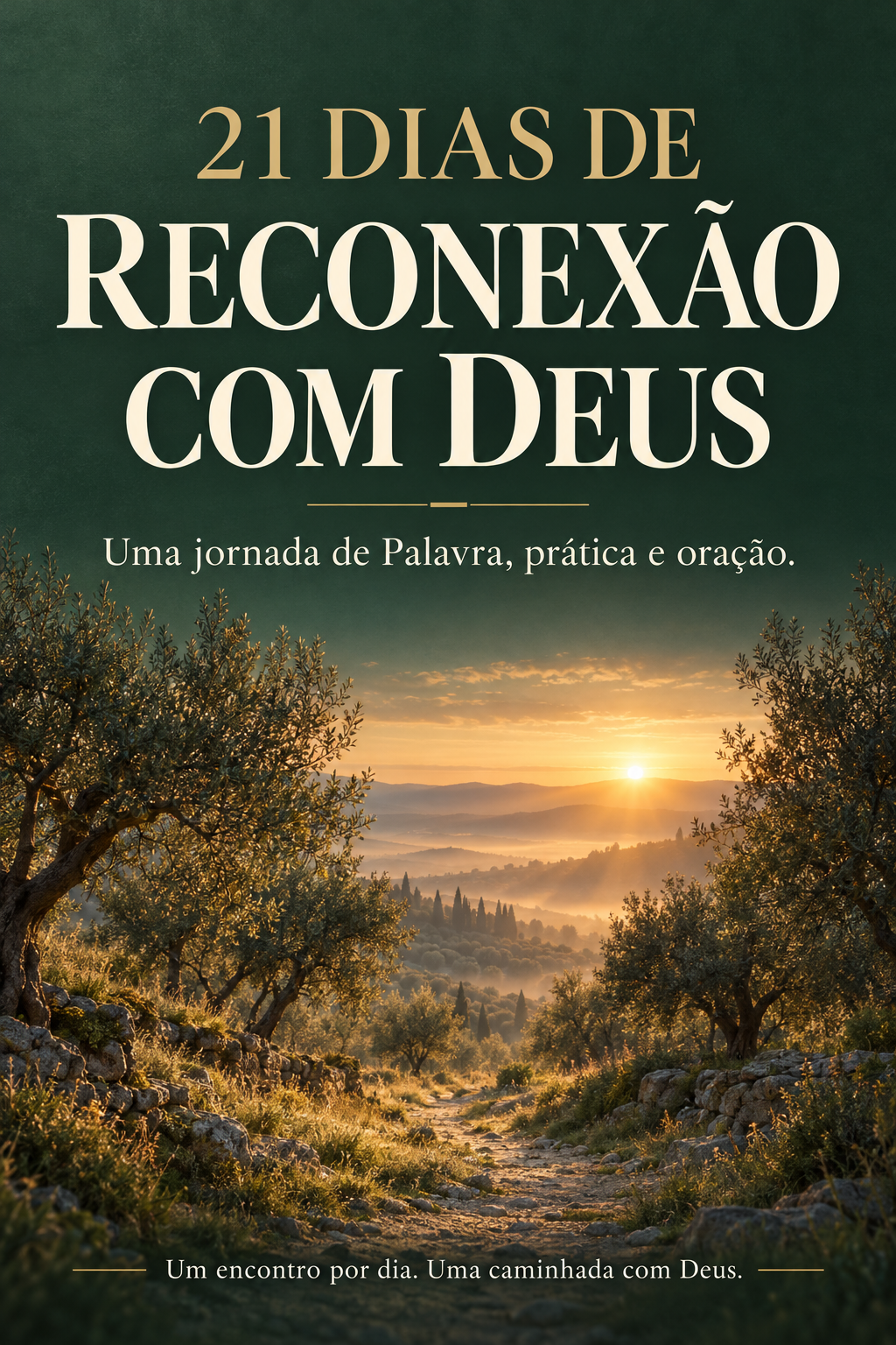 Capa de 21 Dias de Reconexão com Deus, com um caminho entre oliveiras ao amanhecer